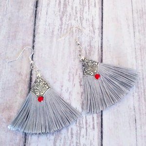 Bohemian Capped Glistening 925 Sterling Silver Ice Gray Tassel Fan Earrings